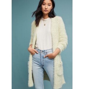 Anthropologie Meadow Rue Whittier open Cardigan sz L‎ eyelash pockets boho beige